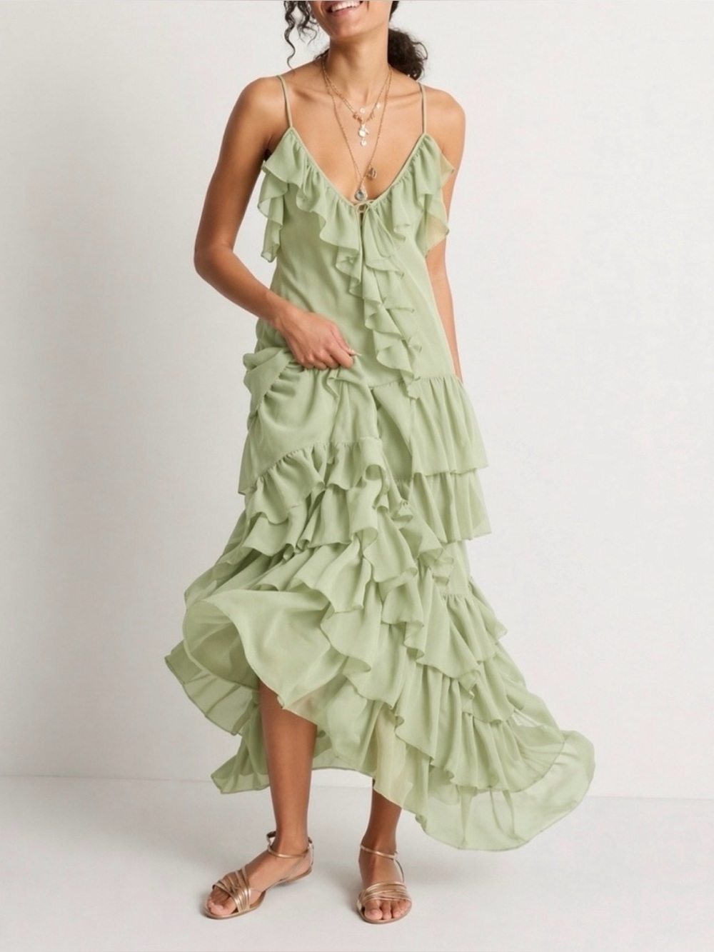 Torn by Ronny Kobo Light Sage Green Chiffon Ruffle Maxi Dress